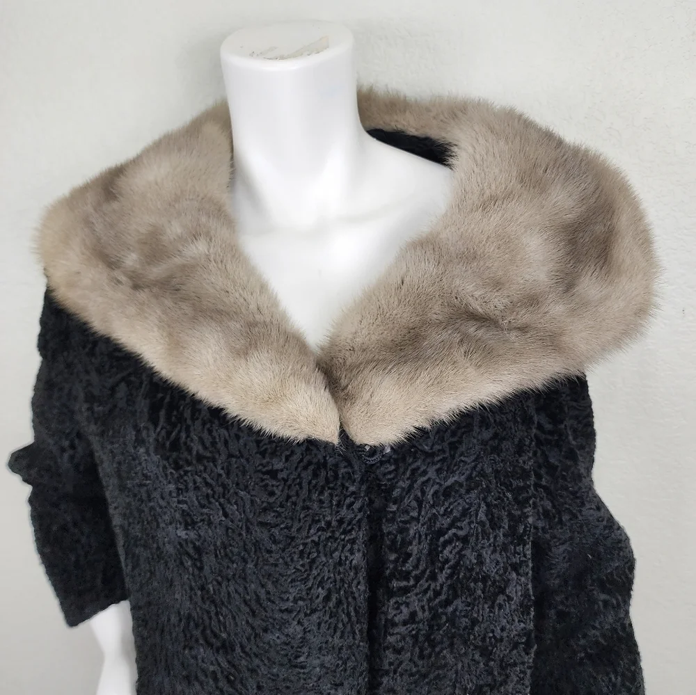Vintage Persian Lamb Mobwife Black W/ Gray Mink Collar Jacket Size L/XL